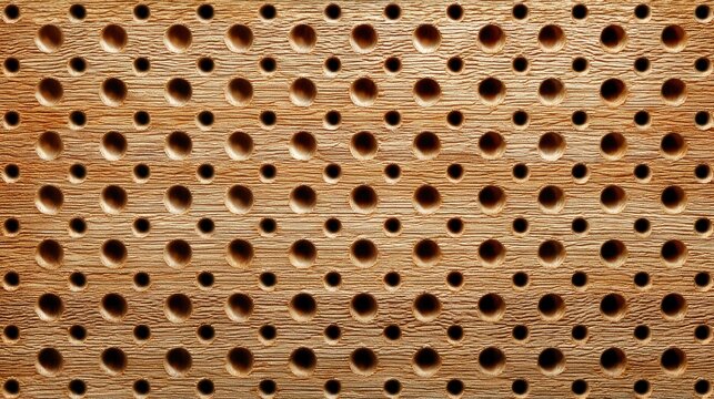 Perforated plywood board, acoustic panel texture, grid of small holes, wood pegboard background, shop display style 