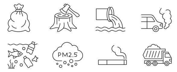 Environmental pollution line icon set featuring water contamination, deforestation, ocean plastic waste, air emission, car exhaust, PM2.5 smog, cigarette smoke and dump truck editable stroke. © icons Studio