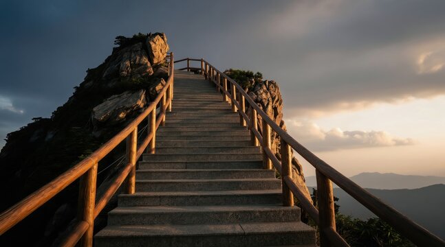 Stone stairs ascend mountain peak under dramatic sky with wooden railings. Scenic pathway leads to summit, offering breathtaking views of hazy landscape below.
