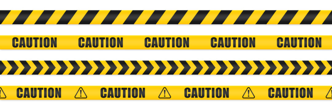 Caution line tape black and yellow vector set. Realistic caution stripe lines on white background. Isolated cautions ribbons seamless pattern tapes. Vector illustration.