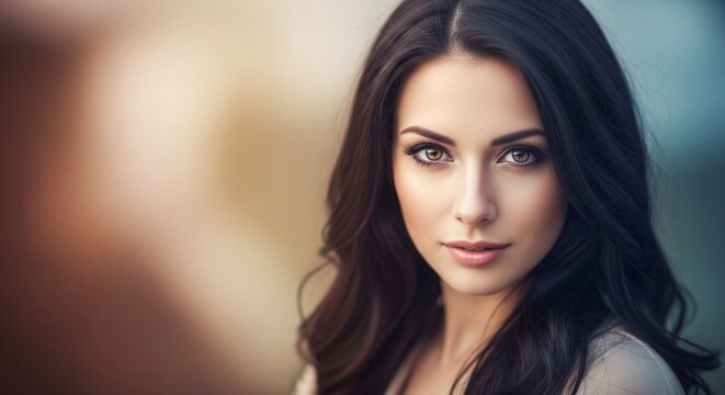 Studio close-up beauty shot of a young brunette woman with green eyes looking forward on a soft blurred multicolored abstract bokeh background.