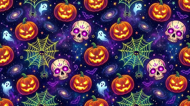 Halloween seamless pattern with pumpkins skulls and webs illustration