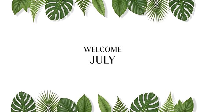 Welcome July greeting with green fern leaves border design.