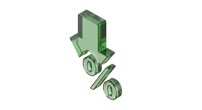 Green Glass Downward Arrow with Percentage Symbol Indicating Financial Decrease or Economic Downturn