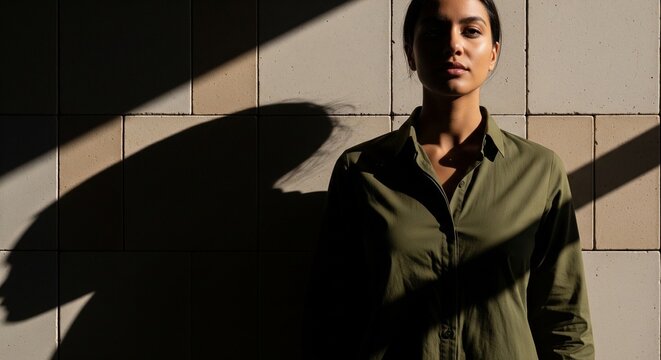 A beautiful young woman in a green button-down shirt stands against a tiled wall. Strong, sharp geometric shadows cut across her face, body, and the background