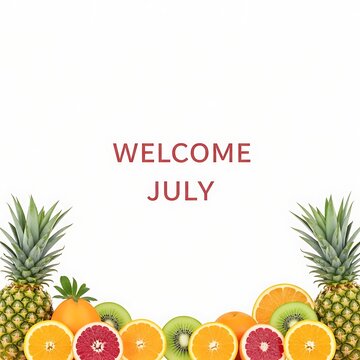 Colorful tropical fruits and pineapples with July greeting text.