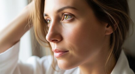 Fototapeta premium Close-up face portrait of a young woman with light brown hair looking away thoughtfully. Soft indoor light near a window, natural look and makeup.