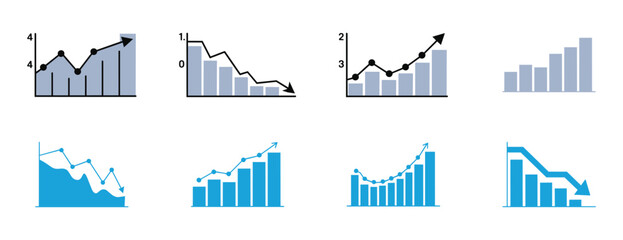 Fototapeta premium Collection of data visualization infographics showing upward and downward trends with bar charts and area graphs in professional blue and gray tones.