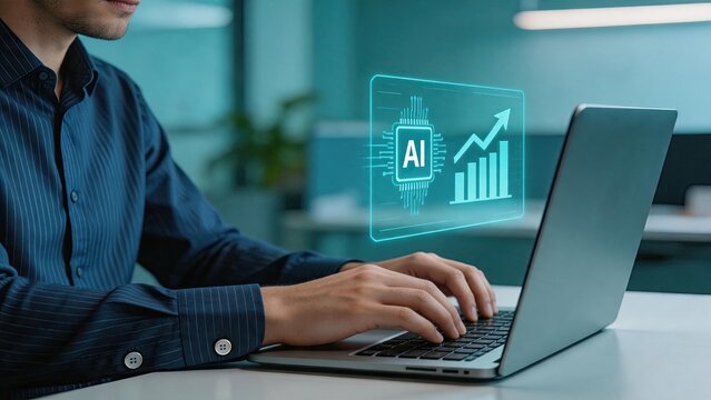 Man typing on laptop with artificial intelligence chip and growth chart hologram, AI technology concept, business analytics, machine learning algorithm, data processing