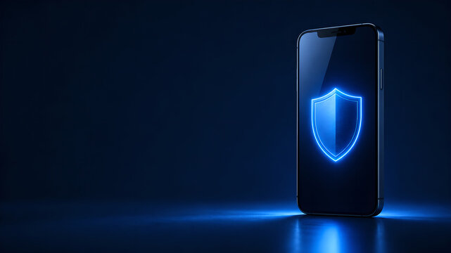 Smartphone with a glowing blue shield icon on the screen representing mobile security and data protection