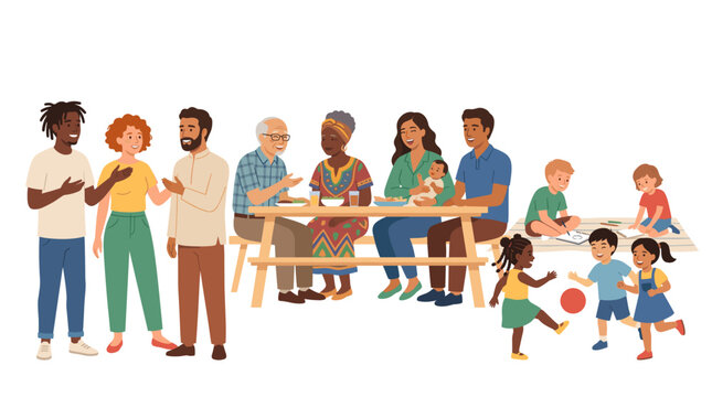 Diverse group of people enjoying a picnic together outdoors with adults and children interacting