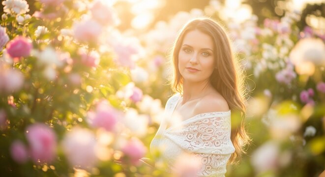 A young woman with long hair looking at the camera while standing in a beautiful blooming rose garden during a warm, sunny sunset with bright backlight
