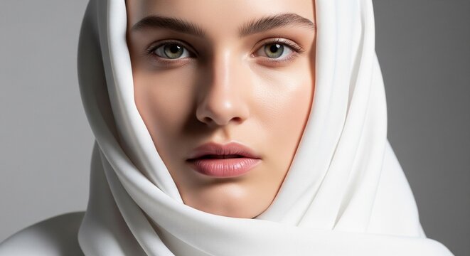 Close-up portrait of a beautiful young woman wearing a pure white hijab or headscarf, looking directly at the camera with a calm expression against a gray background.