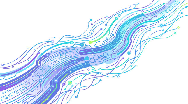 Abstract digital circuit board with flowing lines and binary code in blue and purple hues