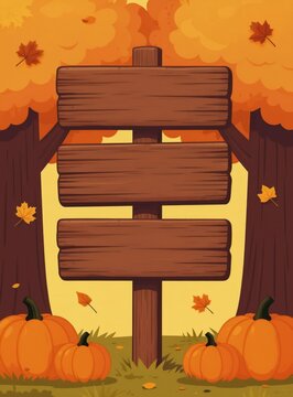 Autumn forest scene with wooden signs, pumpkins, and falling leaves. Provides space for text or graphics. Perfect for fall season announcements and promotions.