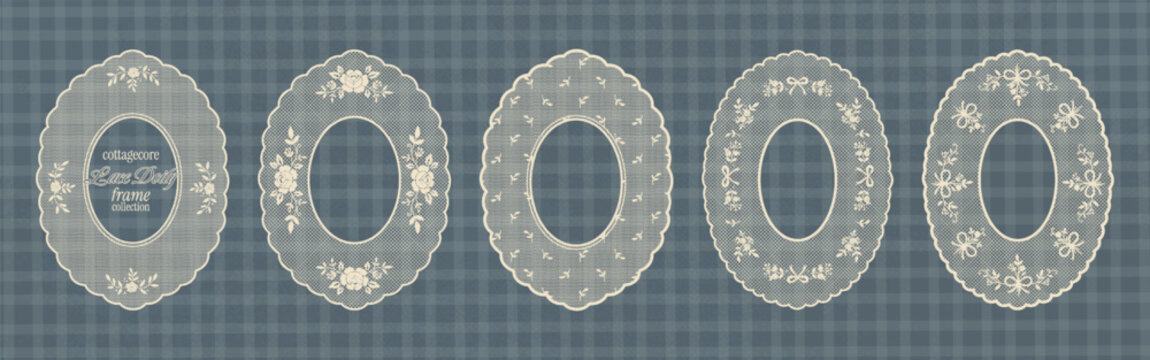 Vintage oval floral lace doily frame collection. Whimsy classic embroidery crochet style borders and scalloped decorative frames for wedding invitations, scrapbooking or collages.