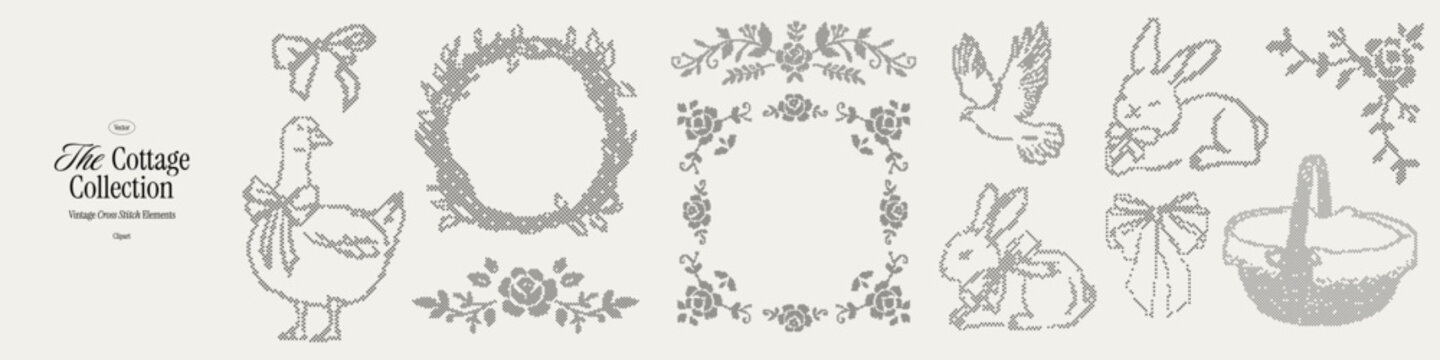 Whimsical cottagecore cross stitch Easter collection, floral frames. Sweet duckling, rabbits, dove, basket and ribbon motifs for invitation cards and rustic doily napkins. Vintage pixel elements.