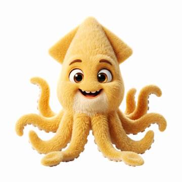 Bright yellow marine squid with eight tentacles standing proudly in deep ocean water