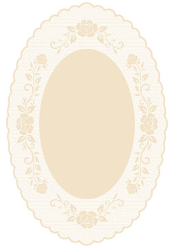 Vintage lace frame with ornate rose floral details. Whimsy oval lace doily clipart in crochet style for garden party invitations. Classic embroidery handkerchief with scalloped borders.