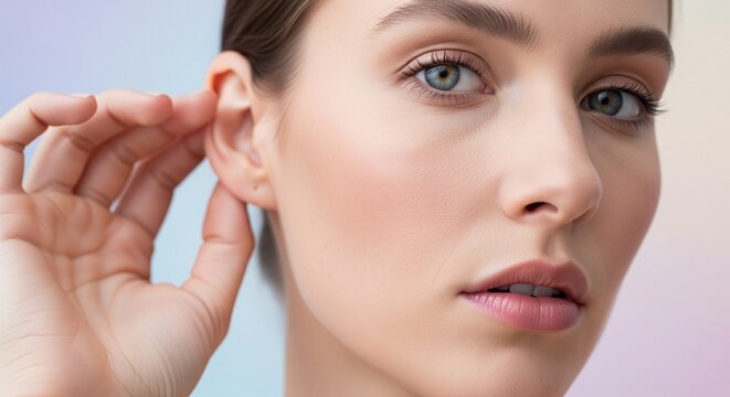 Close-up portrait of a woman with blue-gray eyes touching her ear lobe against a soft pastel gradient background