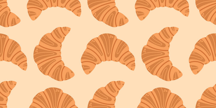 Geometric seamless pattern with golden french croissants repeating on light beige background. Minimalist bakery vector background texture for restaurant placemats, packaging, and textile prints
