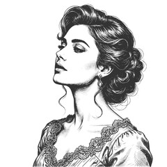 Fototapeta premium fashion illustration of an elegant woman in profile with vintage updo, dangling earring, and ornate lace dress sketch engraving generative ai vector illustration. Scratch board. Black and white image.