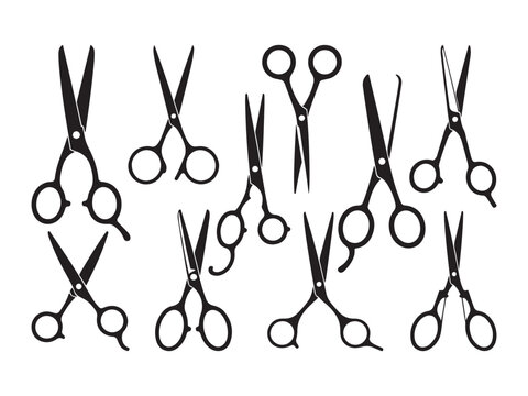 Various open and closed scissors in silhouette against a white background