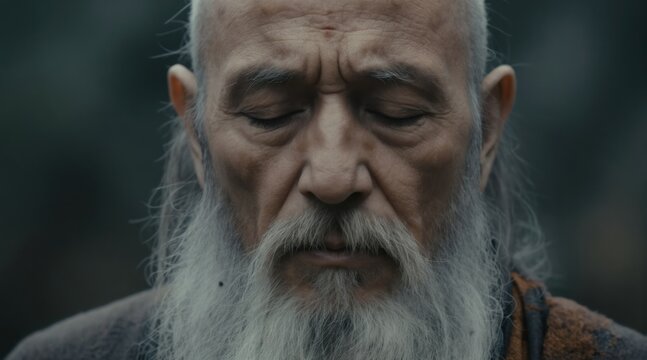 Elderly wise man with long white beard meditates with closed eyes. He embodies tranquility and inner peace, seeking spiritual connection in nature.