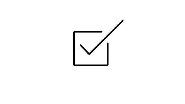 Minimalist black check mark animation in square box on white background for survey selection and form completion validation