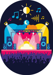 Obraz premium Vibrant Music Festival Stage with Cheering Crowd and Energetic Lighting.