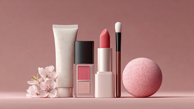 Flat lay composition of pink skincare and makeup products with flowers and jade roller on pastel background