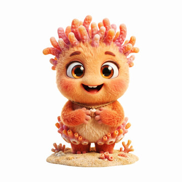 Cute fantasy sea creature standing happily surrounded by beautiful vibrant pink ocean corals