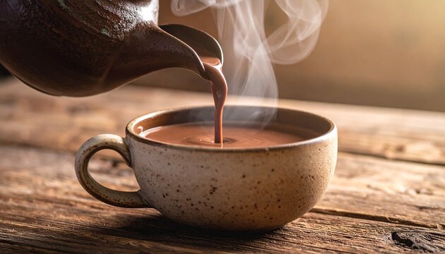 Warm coffee in ceramic mug on wooden table.