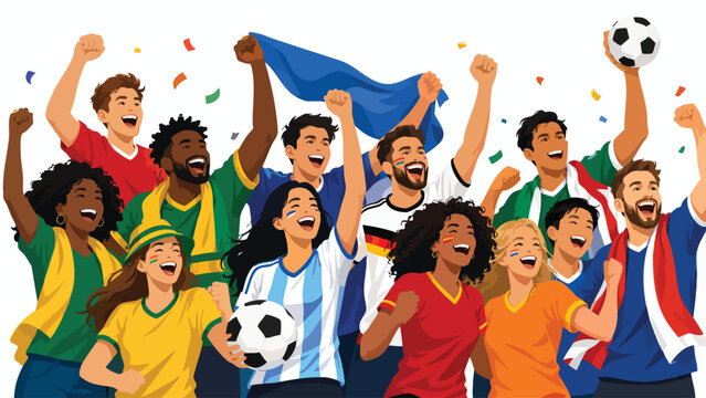 Diverse soccer fans celebrating with flags and jerseys in a vibrant fan culture scene