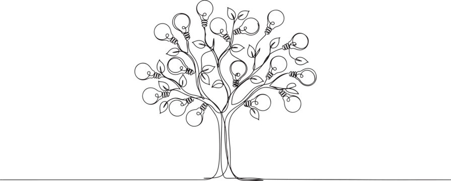 Single continuous line drawing a tree with many branches and fruit that is lightbulbs.one line vector illustration with white background