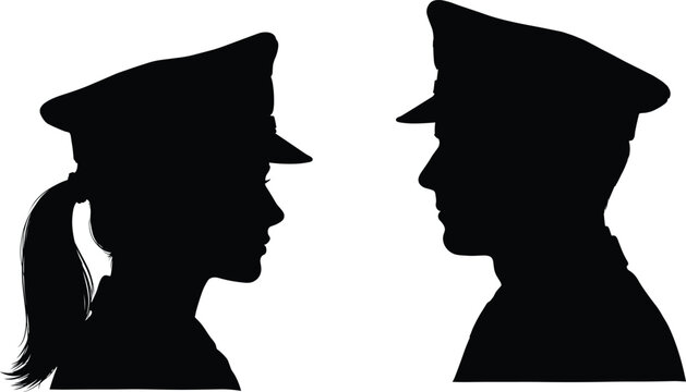 Male and Female Police Officer Side Profile Silhouette Set wearing Service Caps for Law Enforcement Security Services and Military Force Graphic Designs