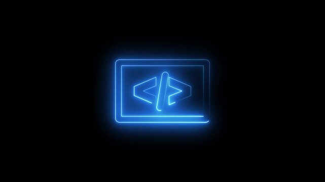 Neon mobile phone icon with code symbols glowing red and blue on black background digital technology concept abstract
