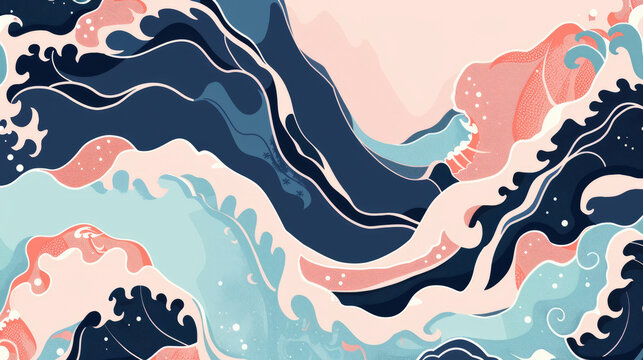 Contemporary Japanese-inspired ocean waves background with coral pink and navy blue color palette in modern artistic style
