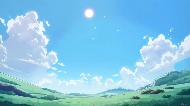 Idyllic summer meadow with blooming daisies under bright blue sky and white clouds landscape background in anime style