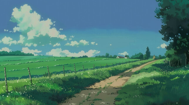 Country dirt road through green meadows under blue sky with white clouds on summer day background in anime style