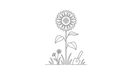 A simple black and white illustration of a sunflower with leaves and a small shovel in the grass © Puja