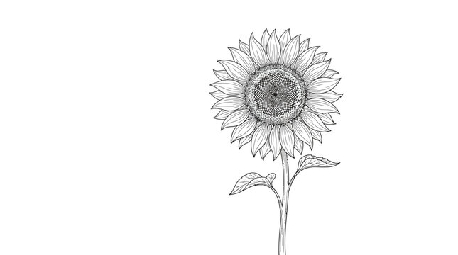Black and White Line Drawing Illustration of a Single Sunflower with Stem and Leaves on a White Background