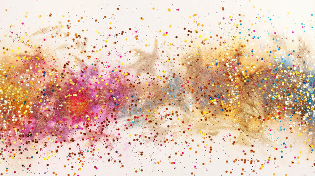 Colorful powder explosion with golden glitter particles scattered on white background