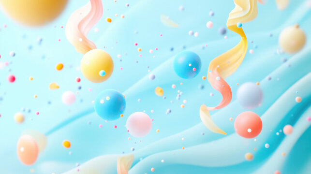 Colorful floating spheres and bubbles on soft blue abstract background with flowing organic shapes