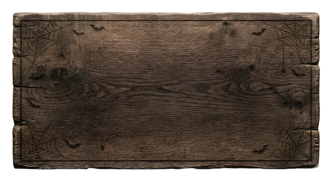 Rustic dark wooden sign engraved with halloween spiderwebs