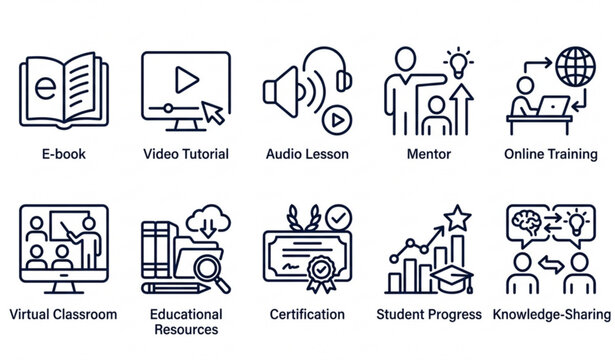 E-learning web icon pack with mentor video tutorial and online course symbols