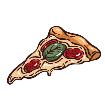 Italian pizza slice with melted cheese, tomato sauce, basil leaf and baked crust. Fast food menu with Italian pizza slice, hand drawn doodle vector illustration