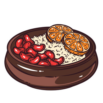 Brazilian feijoada bowl with black beans, white rice, orange slices and dark ceramic dish. Latin food menu with Brazilian feijoada bowl, hand drawn doodle vector illustration