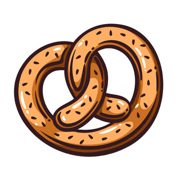 German pretzel with twisted bread shape, salt seeds, baked crust and thick ink strokes. Bakery snack menu with German pretzel, hand drawn doodle vector illustration