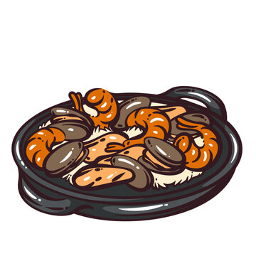 Spanish paella pan with saffron rice, shrimp, mussels and dark serving dish. Mediterranean food menu with Spanish paella pan, hand drawn doodle vector illustration